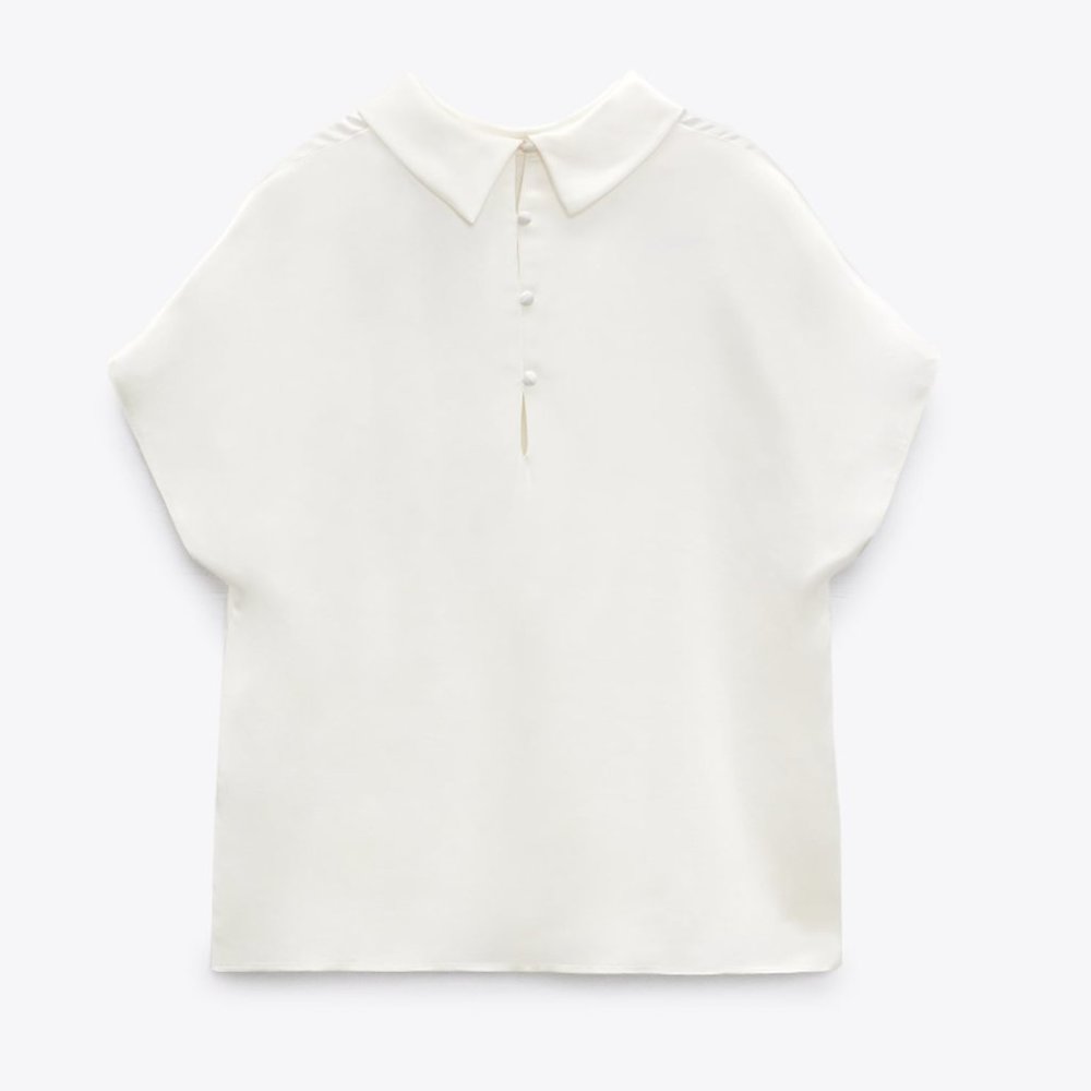 ZARA SATIN EFFECT BUTTON DETAIL HIGH  COLLAR CAP SLEEVE BLOUSE